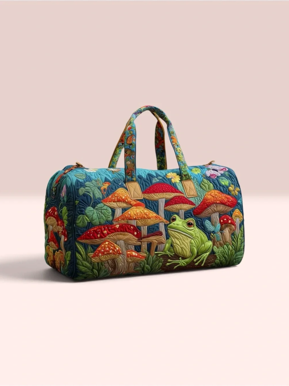 Boho Quilted Mushroom & Frog Weekender Duffle Bag Travel Tote